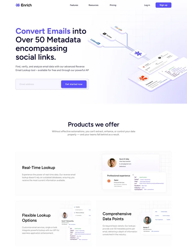 Enrich, an email metadata lookup product page