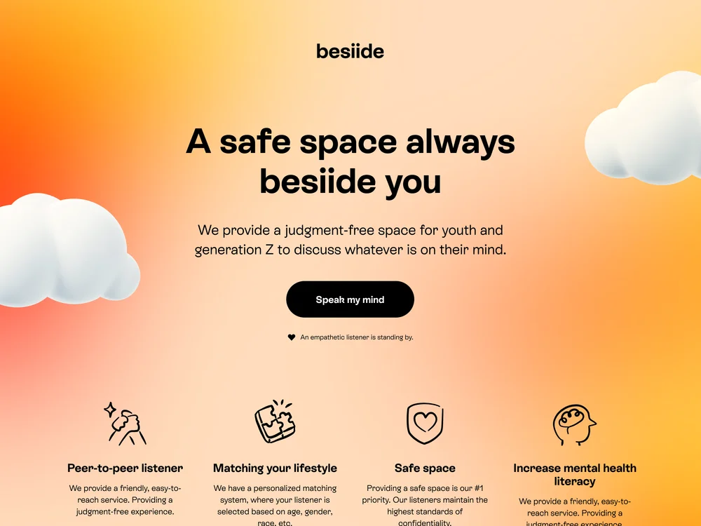 Besiide peer-support website with warm gradients, clouds and an invitation to talk