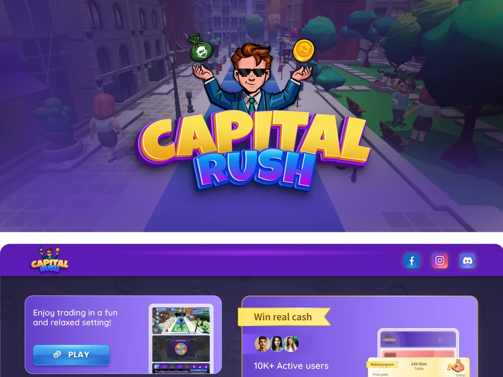 Capital Rush trading game with illustrated characters and play, learn and earn sections