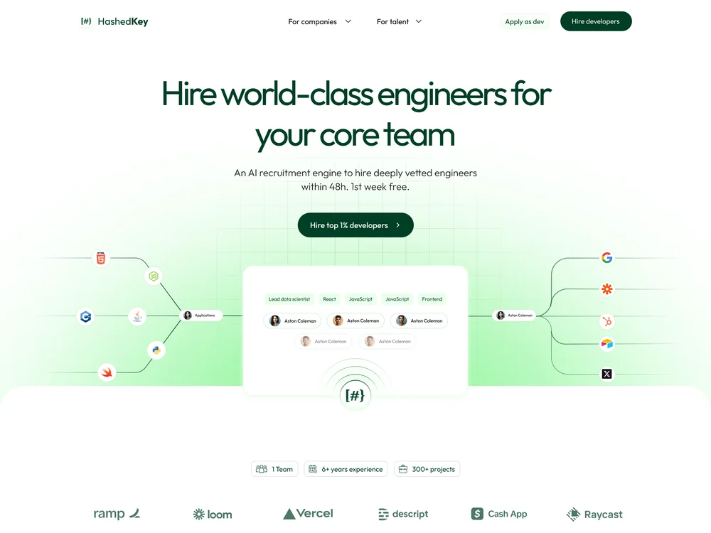 HashedKey hiring website showing engineer profiles, skills and its recruitment process