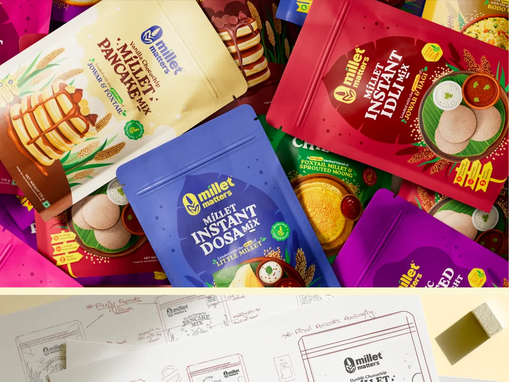 Colourful Millet Matters pancake, idli and dosa mix packaging with food illustrations