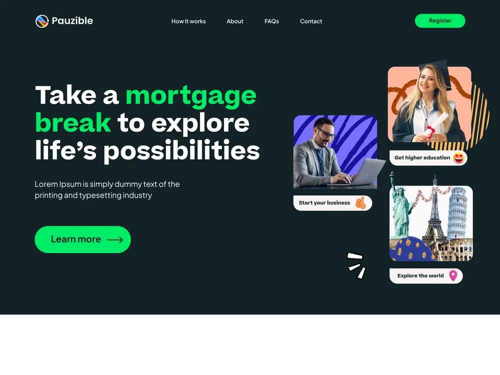 Pauzible mortgage-break website with travel, education and business imagery