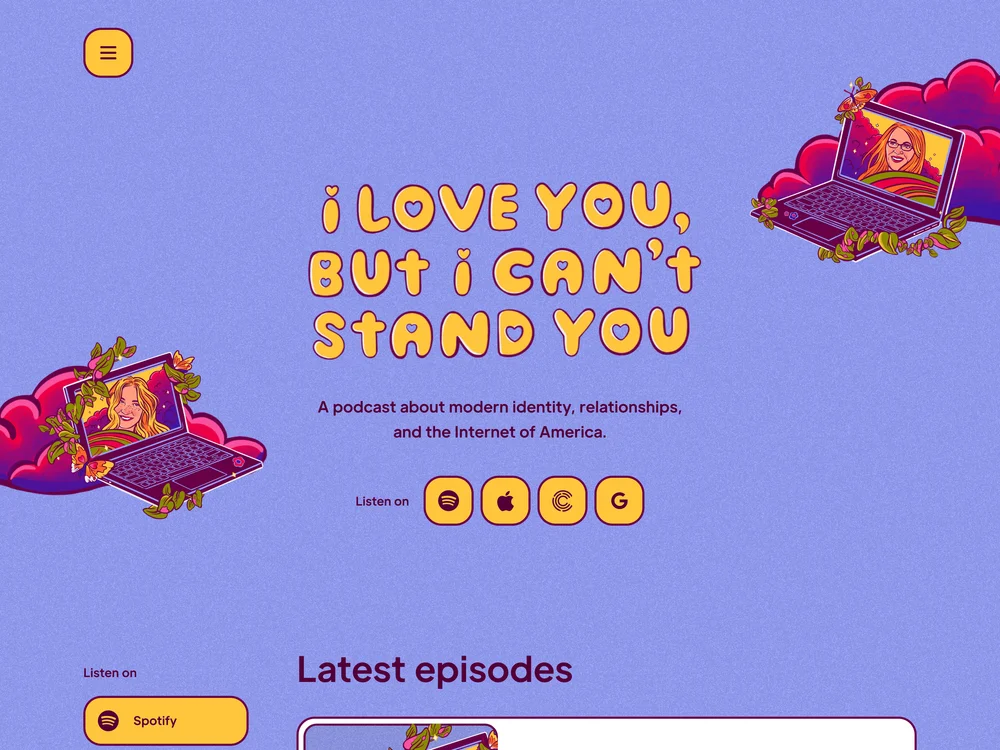 I Love You, But I Can't Stand You podcast website with illustrated artwork and an episode list