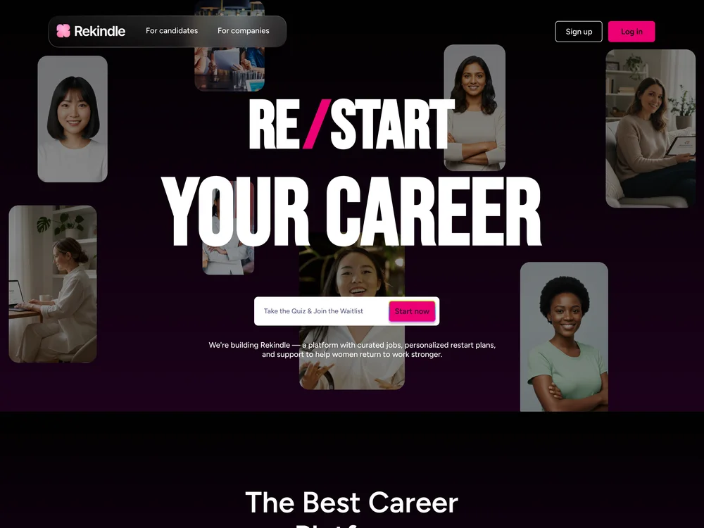 Rekindle career platform with a bold restart-your-career headline and portraits of women