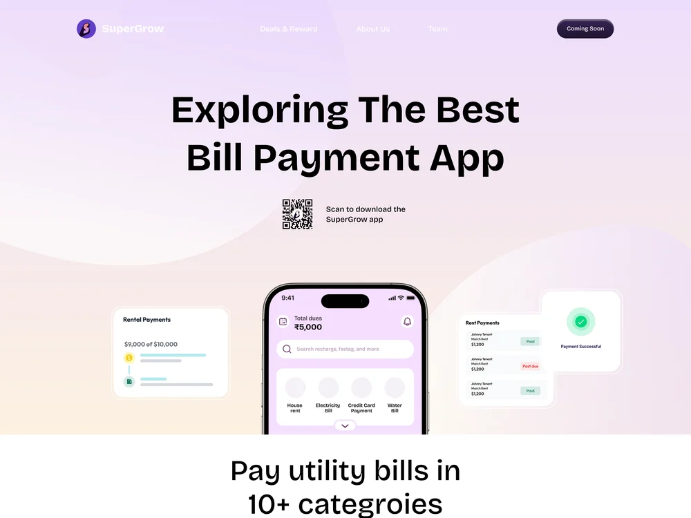 SuperGrow bill payment website with lavender panels and mobile app previews