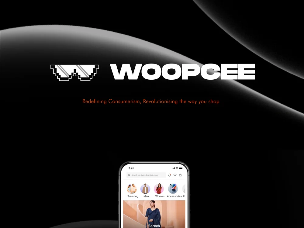 Woopcee wordmark and mobile shopping screens on a sculpted black background