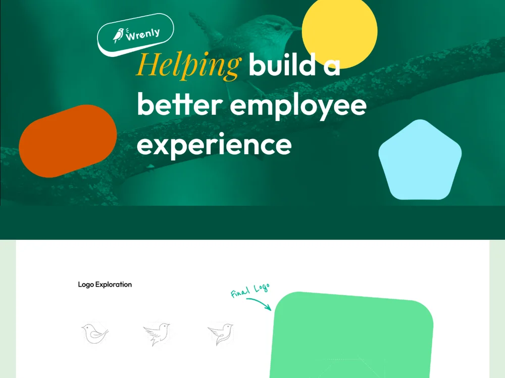 Wrenly employee-experience brand with a green background, playful lettering and colourful shapes
